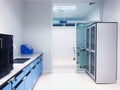 The chemical cabinet for storage chemical compounds and solvent put in laboratory room with bench lab, safety first and protect.