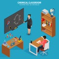 Chemical classroom. School education isometric design concept with teacher at blackboard and pupil in classroom.