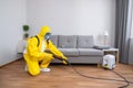 exterminator kill control sofa insect pest pesticide termite cockroach uniform. Generative AI.