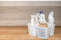 Chemical detergent bathroom laundry hygiene cleaning plastic basket storage organizing wooden table