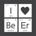 Chemical elements of the periodic table and heart. Funny chemistry, phrase - I love BEER. Monochromatic design Royalty Free Stock Photo