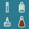 Chemical equipment. Cylinder with liquid, bottle with metal under oil, alcohol burner ,flask with liquid.