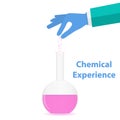 Chemical experience. A hand pours the powder into a flask for experiments. Conducting chemical experience.