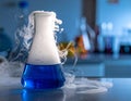 Chemical Experiment with Blue Liquid in Laboratory Beaker Royalty Free Stock Photo