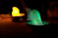 Chemical experiment with fire. multi-colored flames in the dark