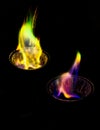 Chemical experiment with fire. multi-colored flames in the dark