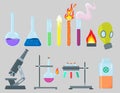 Chemical Experiment Laboratory Equipment Set. Glass Flasks, Microscope, Tube, Beaker, Flask, Gas Mask. Equipment and Royalty Free Stock Photo