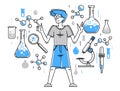 Chemical experiment and research, scientist working with some molecules in chemistry laboratory, vector outline illustration for