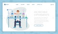 Incredible experiments vector landing page template. Cartoon researcher working in lab, mixing liquids, combining