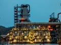 Chemical factory at night. Rectification towers Royalty Free Stock Photo