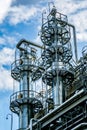 Chemical factory. Rectification towers Royalty Free Stock Photo