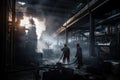 chemical factory, with smoke billowing from the chimneys and workers on the production line