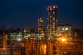 Chemical factory at summer night. Rectification towers Royalty Free Stock Photo