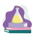 Chemical flask with a yellow substance on a stack of books. Mixing substances, alchemy. Chemistry training. The illustration is is