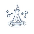 Chemical flask and molecule connections vector simple linear icon, science chemistry line art symbol.