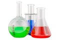 Chemical flasks with colored liquid, 3D rendering