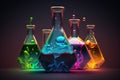 Chemical flasks with colored liquids on a black background