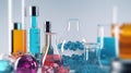 Chemical flasks with reagents. Laboratory glassware whith color liquid. Science laboratory research and development concept. Royalty Free Stock Photo