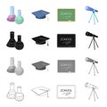 Chemical flasks, a scientist`s hat, a school board, an astronomical telescope. School and learning set collection icons
