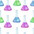 laboratory flasks seamless pattern on white background. Watercolor bottles with fluid for test Royalty Free Stock Photo