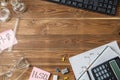 Chemical flasks, tweezers, keyboard, notebooks on a wooden table with copyspase. Royalty Free Stock Photo