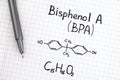 Chemical formula of Bisphenol A BPA with pen. Royalty Free Stock Photo