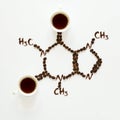 Chemical formula of Caffeine. Cups of espresso, beans and coffee powder. Art food. Top view Royalty Free Stock Photo