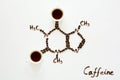 Chemical formula of Caffeine. Cups of espresso, beans and coffee powder. Art food. Top view Royalty Free Stock Photo