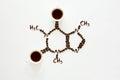 Chemical formula of Caffeine. Cups of espresso, beans and coffee powder. Art food. Top view Royalty Free Stock Photo