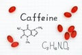 Chemical formula of Caffeine with red pills.