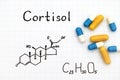 Chemical formula of Cortisol with some pills. Royalty Free Stock Photo