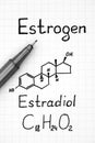 Chemical formula of Estrogen - estradiol E2 with pen. Royalty Free Stock Photo