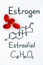 Chemical formula of Estrogen - estradiol E2 with red pills. Royalty Free Stock Photo