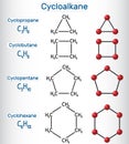 Chemical formula and molecule model cyclopropane C3H6, cyclobutane C4H8, cyclopentane C5H10, cyclohexane C6H12. Homologous series