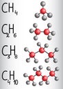 Chemical formula and molecule model methane CH4, ethane C2H4, p Royalty Free Stock Photo