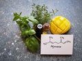 Chemical formula of myrcene, a component of essential oils, with herbs.