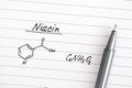 Chemical formula of Niacin on lined paper with black pen. Royalty Free Stock Photo