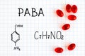 Chemical formula of PABA with red pills.