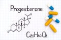 Chemical formula of Progesterone with some pills Royalty Free Stock Photo