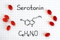 Chemical formula of Serotonin with red pills.