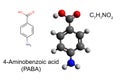 Chemical formula, skeletal formula and 3D ball-and-stick model of 4-Aminobenzoic acid (PABA)