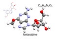 Chemical formula, skeletal formula, and 3D ball-and-stick model of chemotherapeutic drug nelarabine, white background