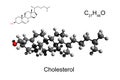 Chemical formula, skeletal formula and 3D ball-and-stick model of cholesterol Royalty Free Stock Photo