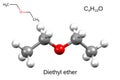 Chemical formula, skeletal formula and 3D ball-and-stick model of diethyl ether, white background Royalty Free Stock Photo