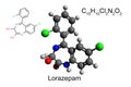 Chemical formula, skeletal formula, and 3D ball-and-stick model of medication lorazepam, white background