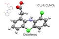 Chemical formula, skeletal formula, and 3D ball-and-stick model of the nonsteroidal anti-inflammatory drug diclofenac