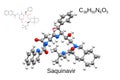 Chemical formula, skeletal formula and 3D ball-and-stick model of a protease inhibitor, antiretroviral drug saquinavir