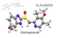 Chemical formula, skeletal formula and 3D ball-and-stick model of the proton pump inhibitor, esomeprazole