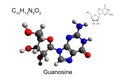 Chemical formula, skeletal formula, and 3D ball-and-stick model of nucleoside guanosine