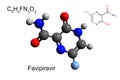 Chemical formula, skeletal formula, and model of favipiravir, an antiviral drug